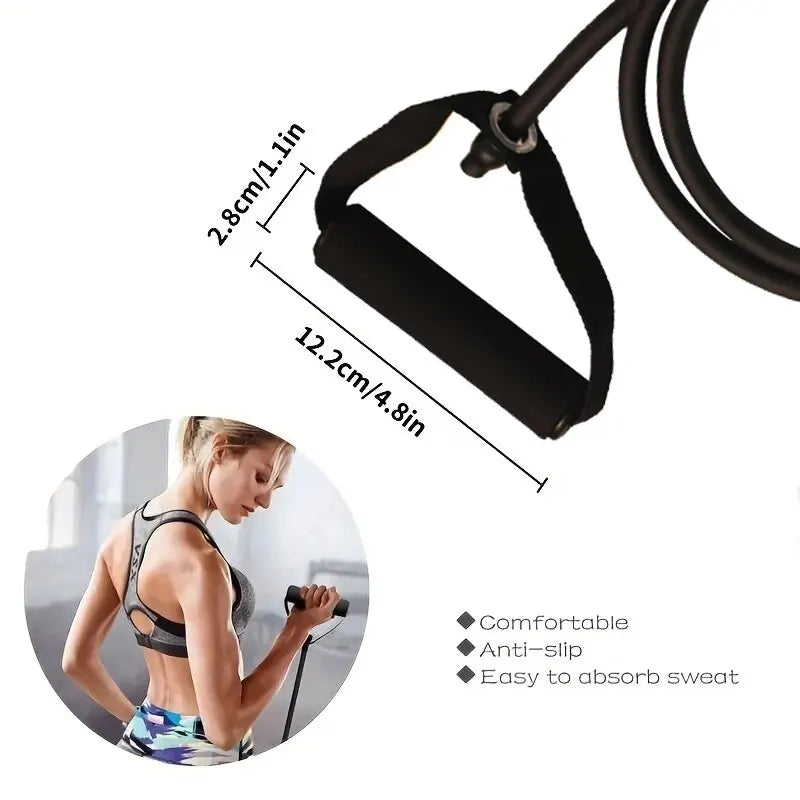 Set of WaveGear Inc. resistance bands with handles for strength training and exercise workouts on a plain background.
