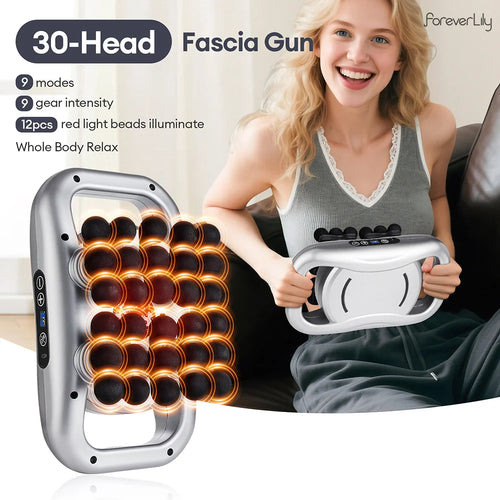 WaveGear Inc. 30-heads body massage gun for muscle relief and recovery, featuring multiple attachments for targeted massage therapy.