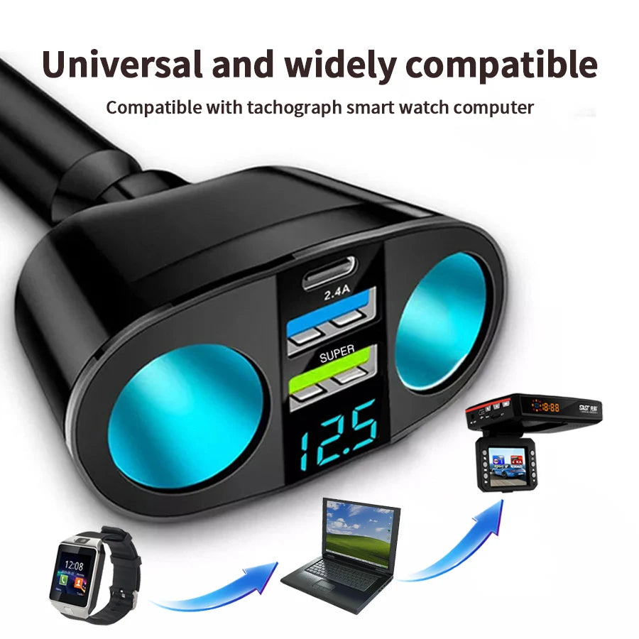 WaveGear Inc. digital display car charger with dual USB ports for fast charging and real-time power monitoring.