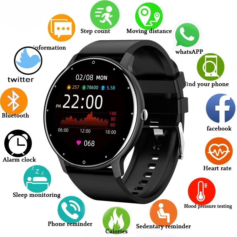 WaveGear Inc. LIGE smart watch with full touch screen, Bluetooth connectivity, and fitness tracking features on a sleek black band.