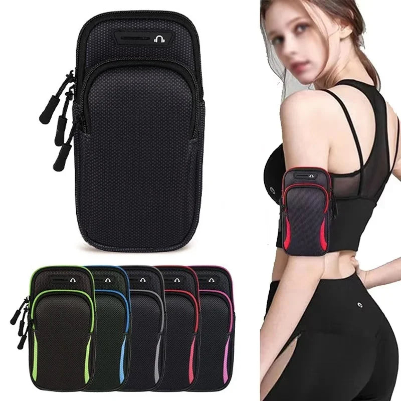 WaveGear Inc. universal smart phone arm band travel bag shown, with adjustable strap and secure pocket for phone during exercise.