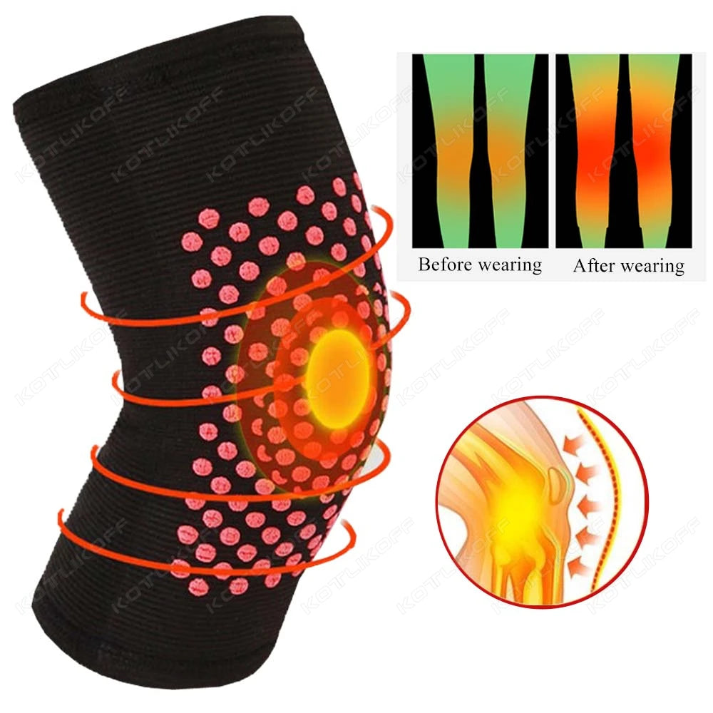 Self-heating support knee pad from WaveGear Inc. for exercise, showing a close-up of the knee pad worn during fitness activity.