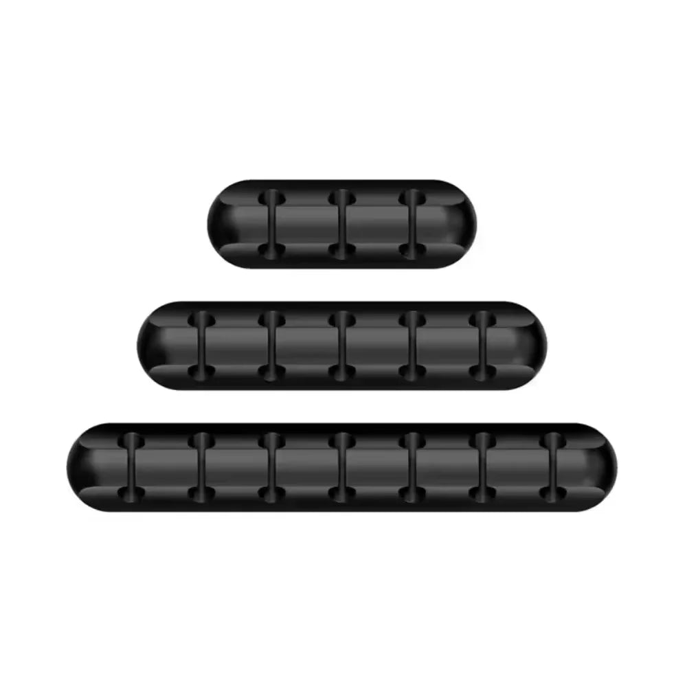 WaveGear Inc.™ CableGrid™ Cord Wire Organizer showing a sleek black cable management system with multiple slots and cables arranged neatly.