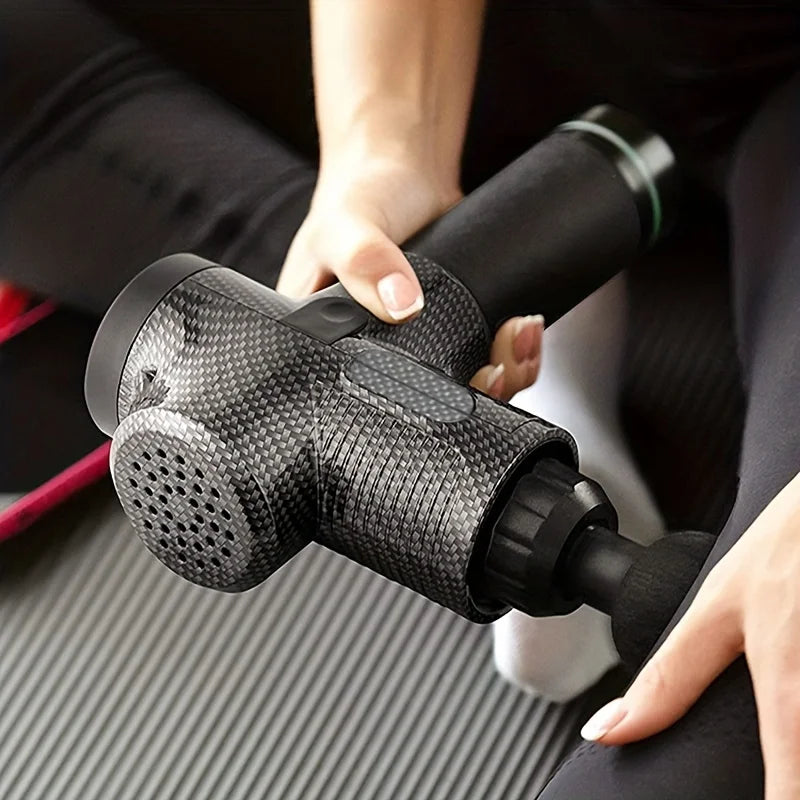 WaveGear Inc. deep tissue massage gun for muscle relaxation, featuring ergonomic design and multiple therapy heads for targeted relief.