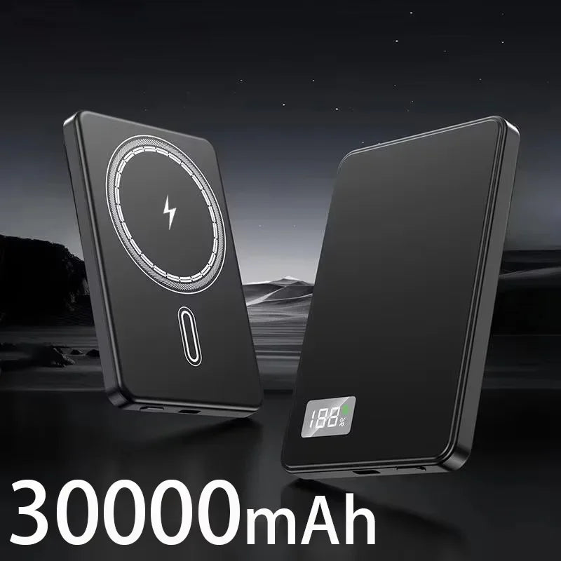 WaveGear Inc. portable magnetic wireless fast charging power bank with sleek design and integrated charging ports.
