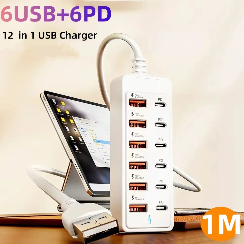 WaveGear Inc. desktop power strip charger with multiple USB ports and AC outlets for versatile device charging.
