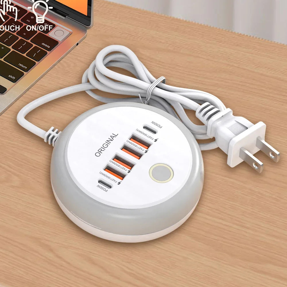 WaveGear Inc. multi-port USB-C charger with quick charging ports for smartphones and devices, shown plugged in and ready to use.