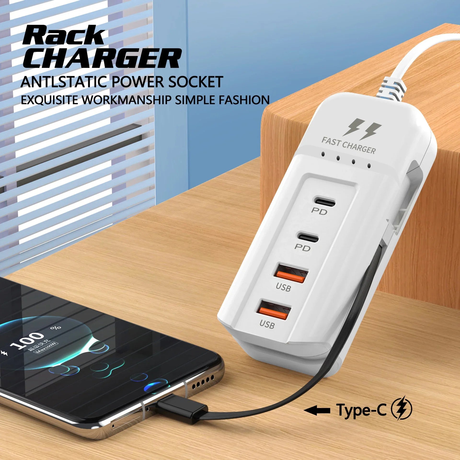 WaveGear Inc. SignalLine™ Type C Fast Charger plugged into a power outlet, showcasing its compact design and USB-C port.