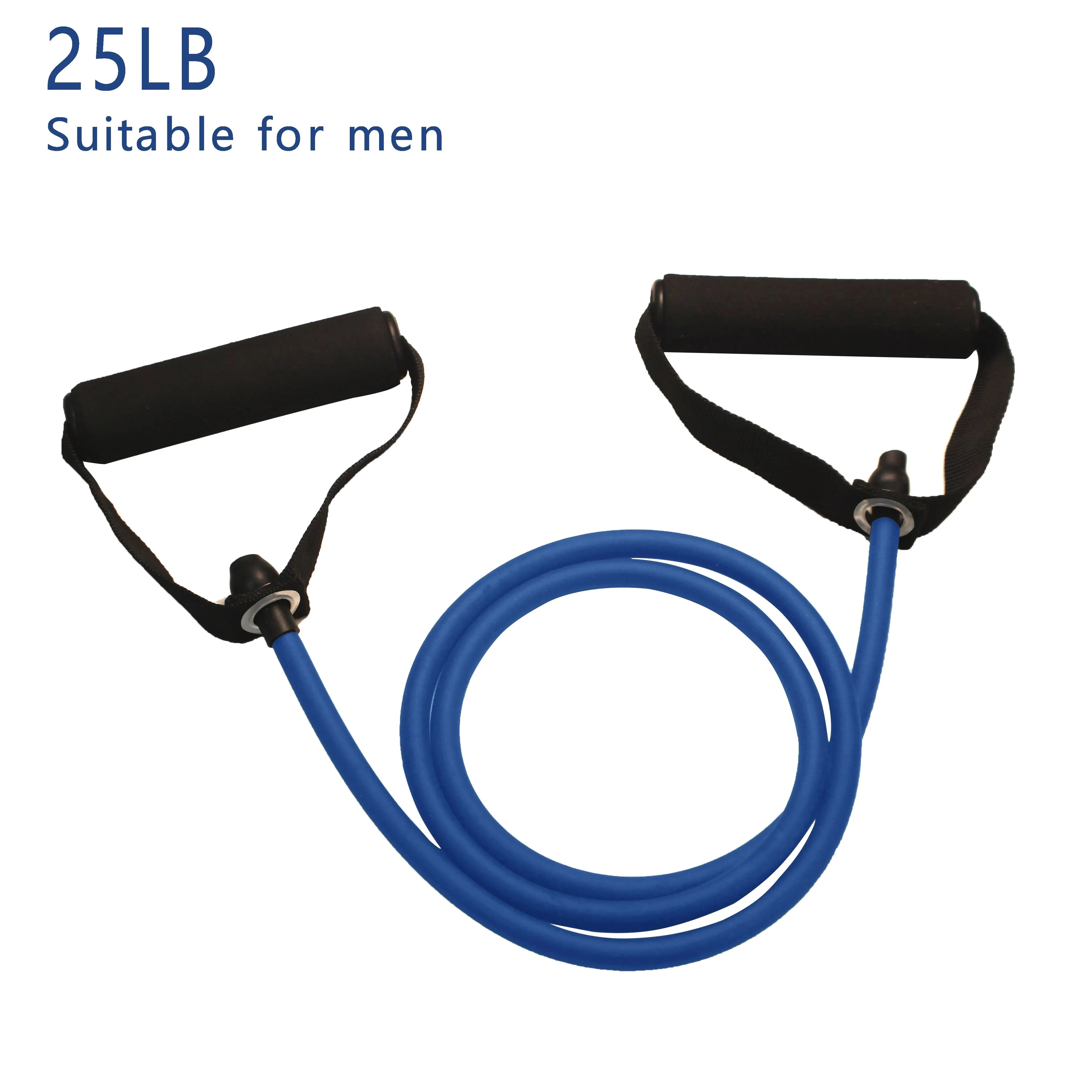 Set of WaveGear Inc. resistance bands with handles for strength training and exercise workouts, shown in a neatly arranged display.