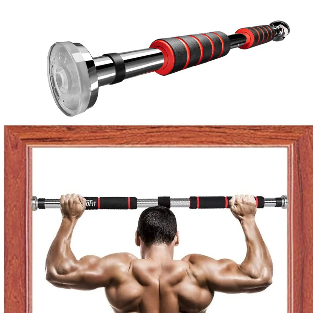 WaveGear Inc. telescopic doorway pull-up bar mounted on door frame for home exercise and upper body workouts.