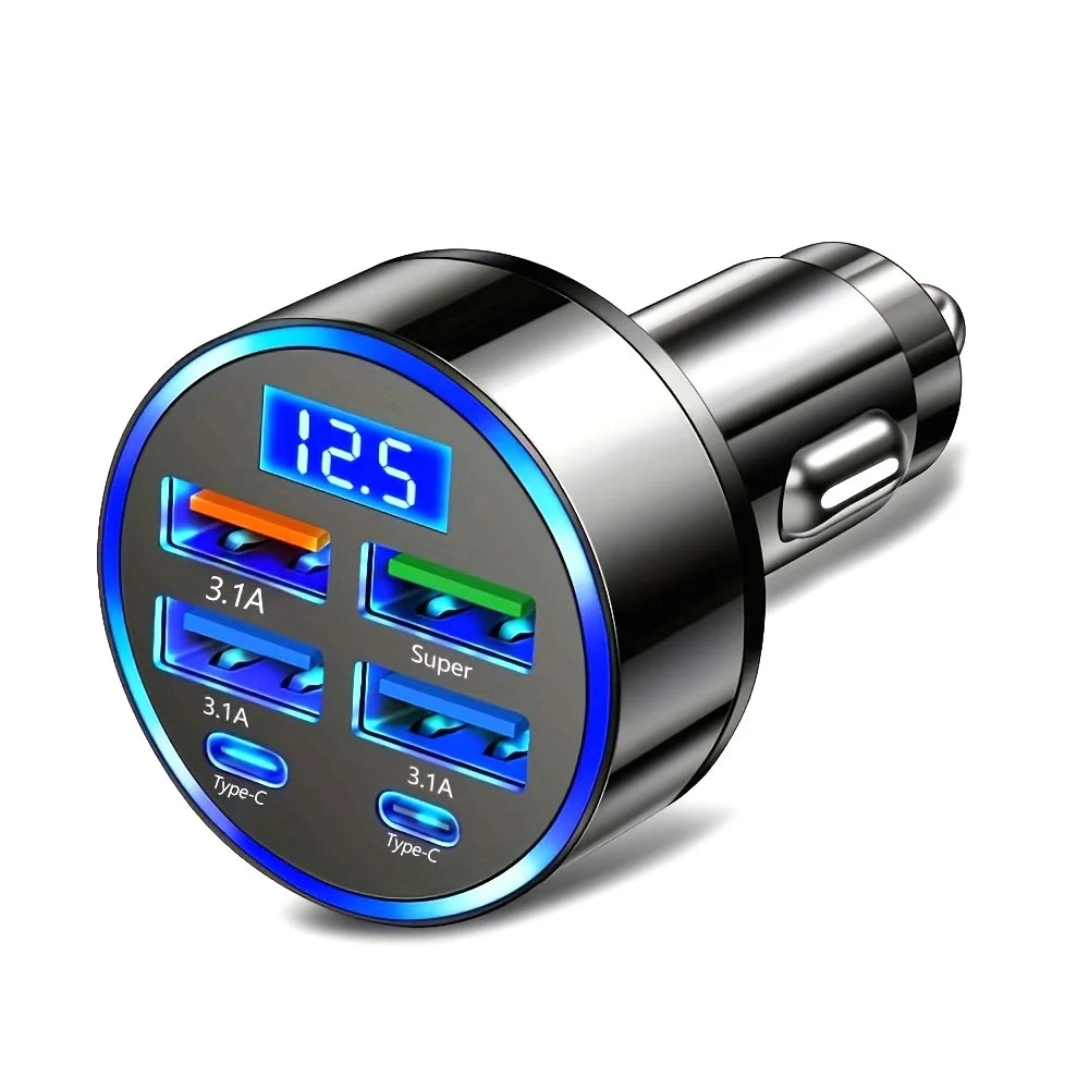 WaveGear Inc. AutoCharge™ 6-in-1 fast charging car adapter with multiple USB ports for device charging in vehicle.