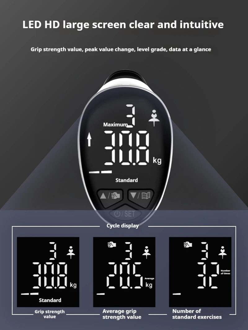 Digital hand grip strength trainer exercise gear by WaveGear Inc. showing adjustable handles and digital display for grip measurement.