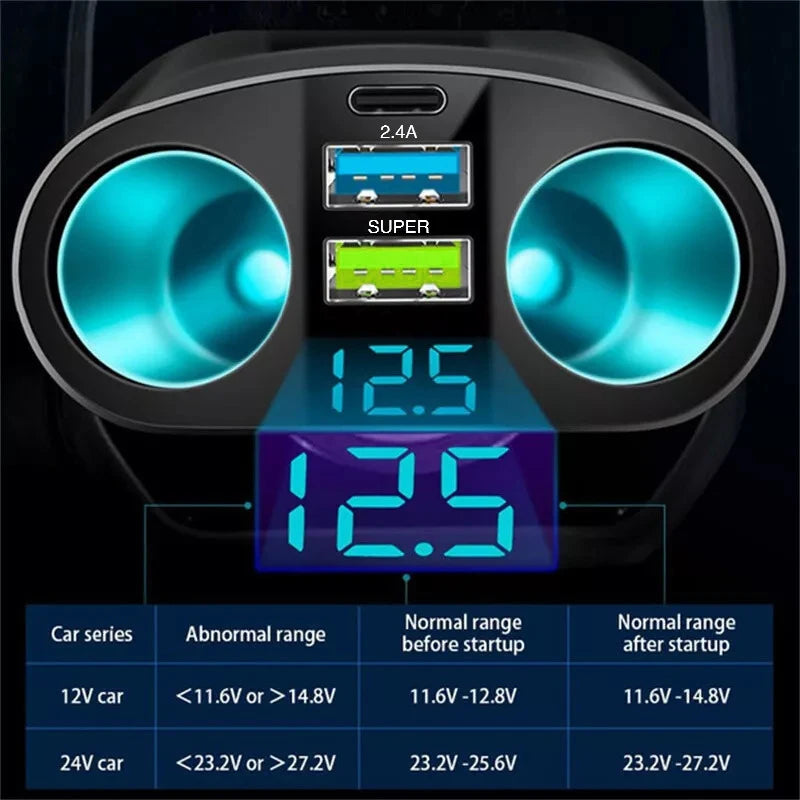 WaveGear Inc. digital display car charger with dual USB ports for fast device charging in a sleek black design.