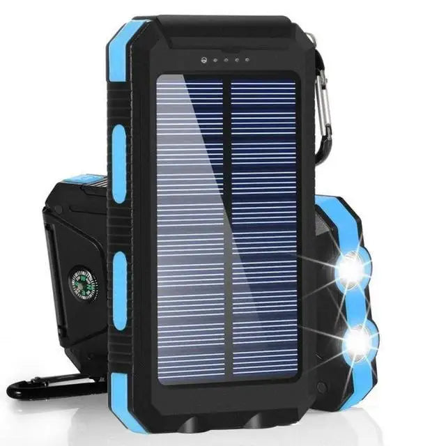 Portable Solar Power Bank from WaveGear Inc. shown charging portable exercise gear outdoors, with solar panels and compact design.