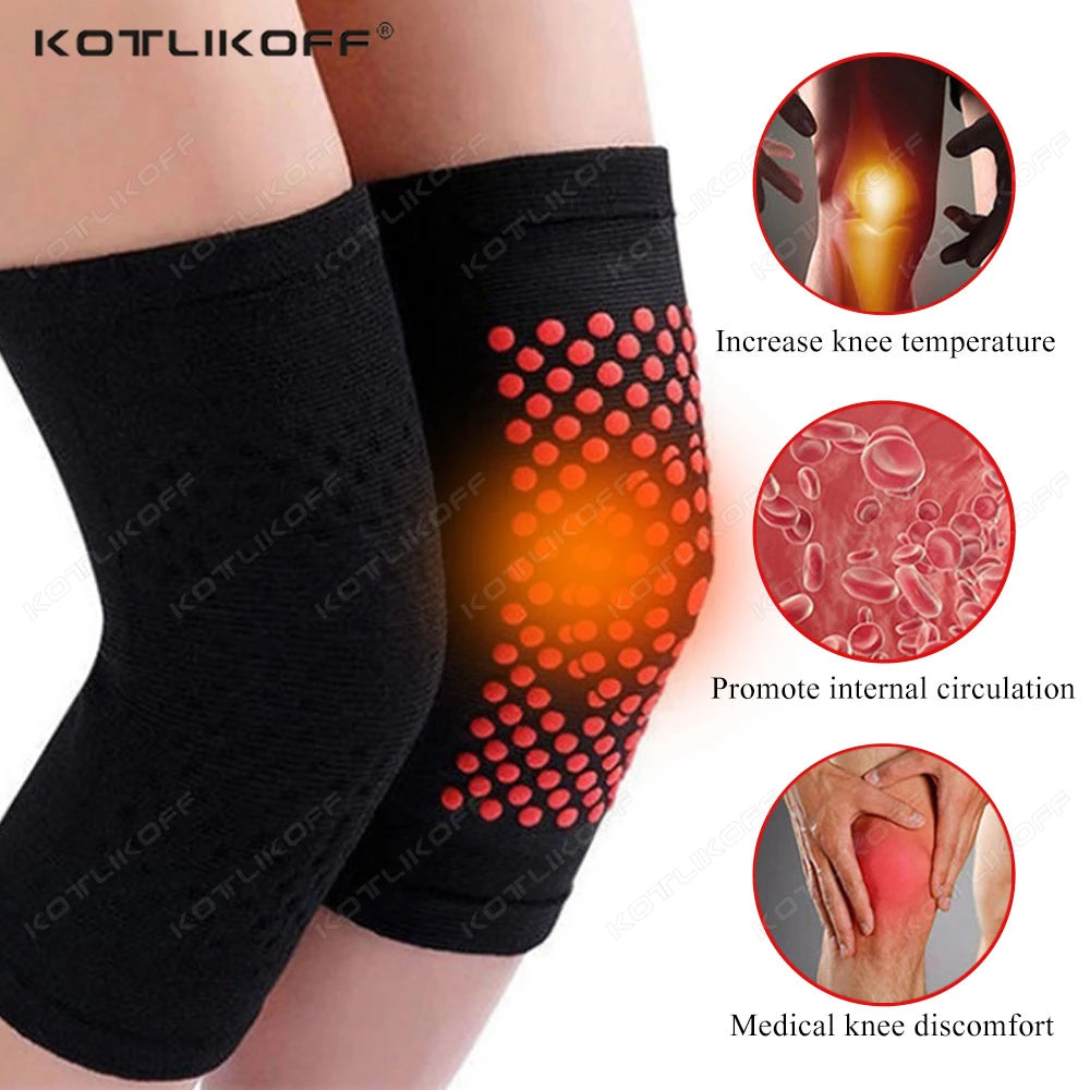 WaveGear Inc. self-heating support knee pad for exercise, showing a close-up of the knee pad worn during physical activity.