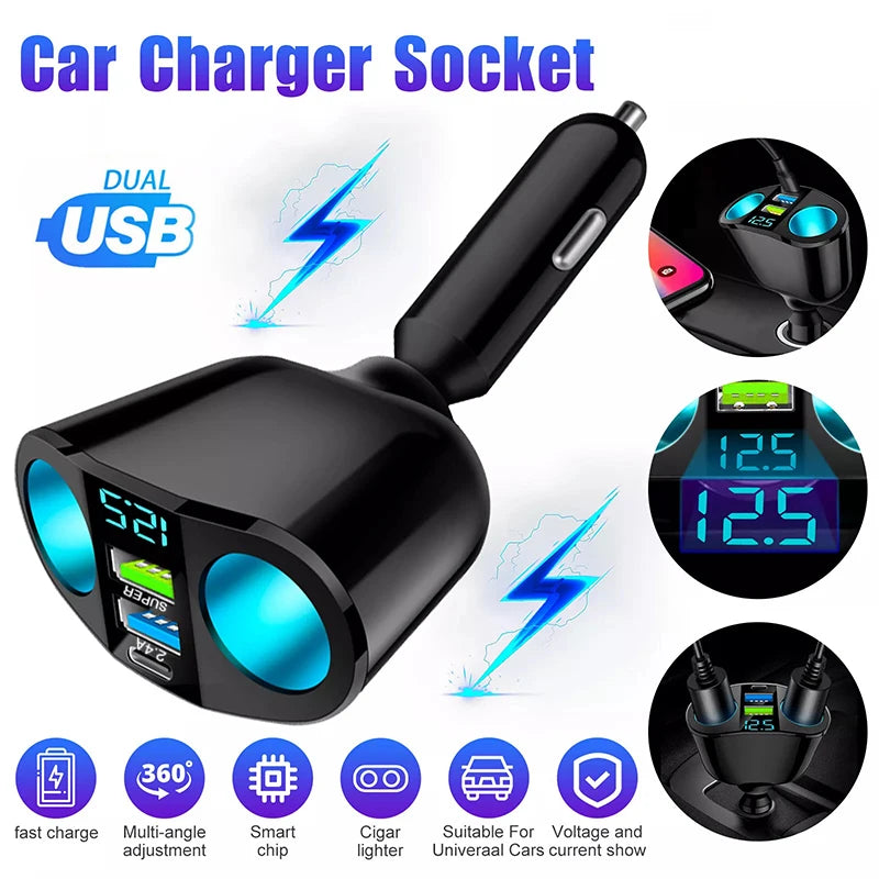 WaveGear Inc. digital display car charger with dual USB ports plugged into a vehicle's cigarette lighter socket.
