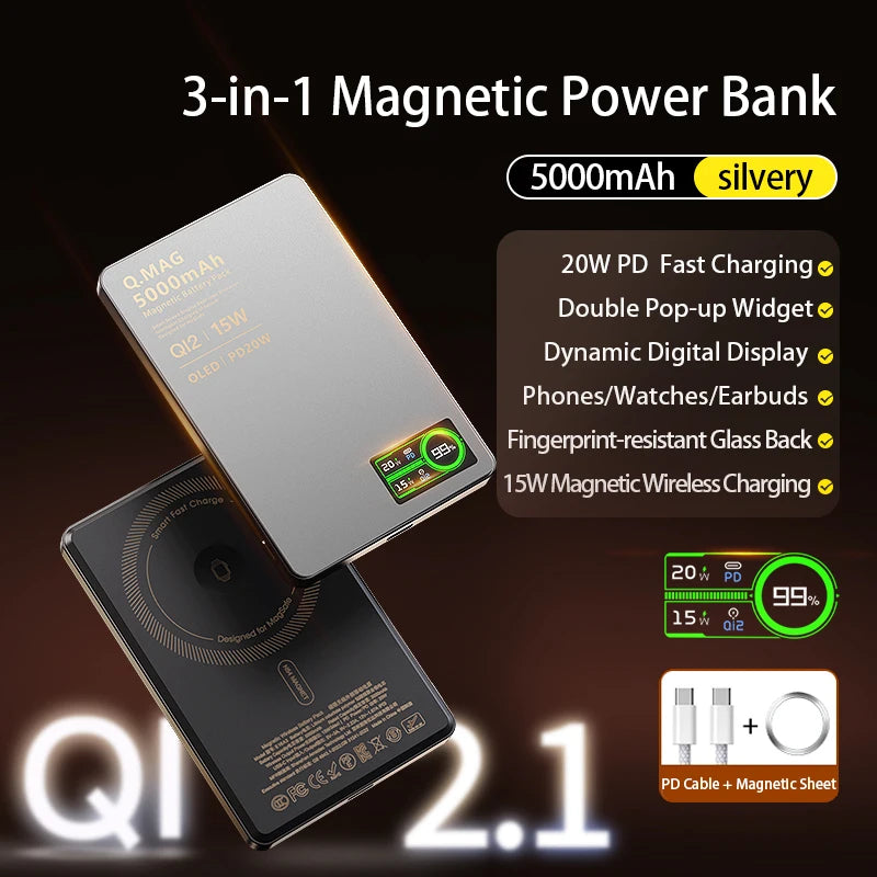 IonVault™ Magnetic Wireless Powerbank by WaveGear Inc.™ showing sleek black design with magnetic charging surface on a white background.