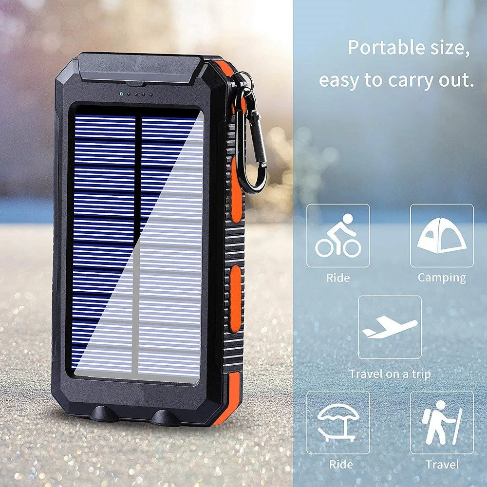 WaveGear Inc. portable solar power bank, compact exercise gear with built-in solar panels for on-the-go charging and outdoor activities.