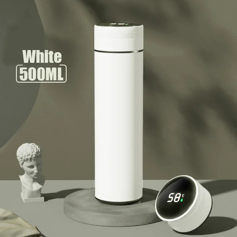WaveGear Inc. temperature display thermos cup for exercise, showing digital temperature readout and sleek design.
