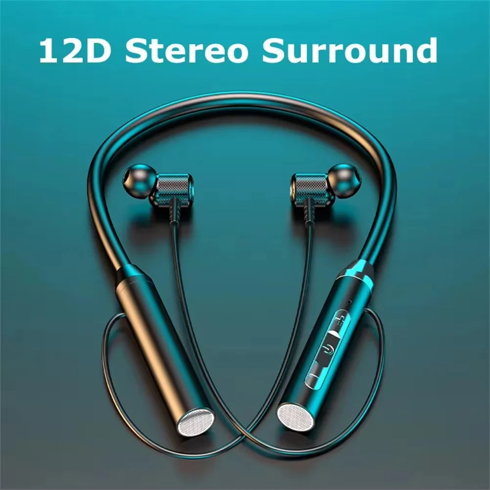 WaveGear Inc. wireless Bluetooth neckband earbuds with sleek design, showing the earbuds and neckband in a close-up view.