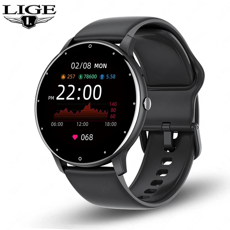 WaveGear Inc. LIGE smart watch with full touch screen and Bluetooth fitness tracker display, showing time and health stats.