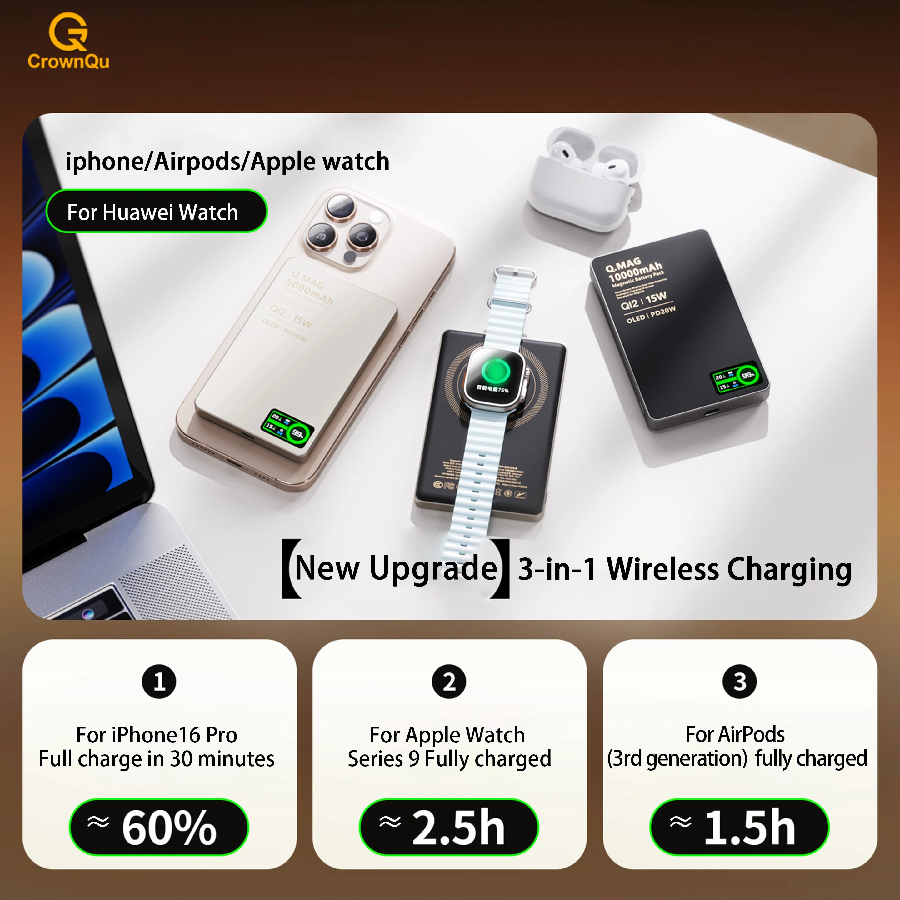 IonVault™ Magnetic Wireless Powerbank by WaveGear Inc.™ showing a sleek black portable power bank with magnetic charging surface