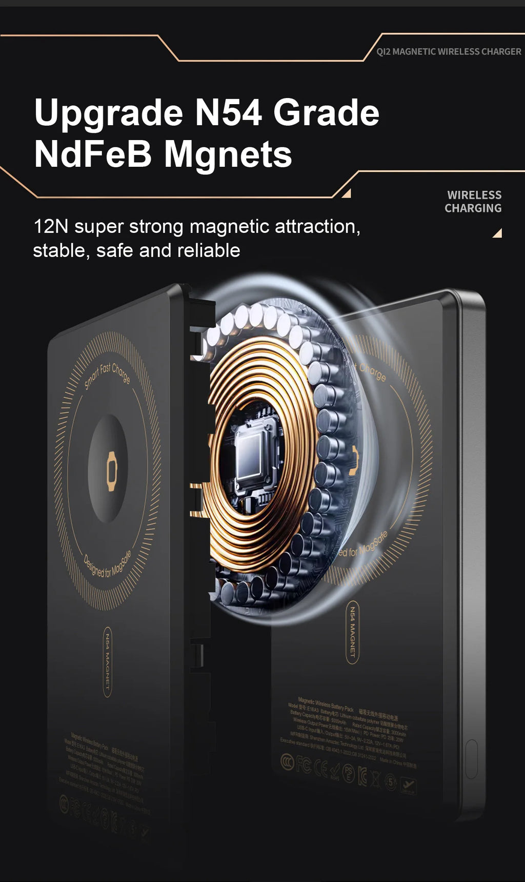 WaveGear IonVault magnetic wireless powerbank with sleek design and built-in magnetic charger for smartphones.