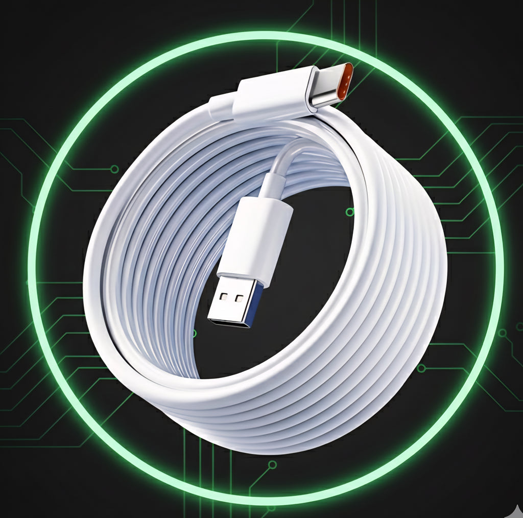 WaveGear RoadLine™ Extra-Long Reinforced Charging Cable for smartphones, showcasing durable braided design and reinforced connectors.
